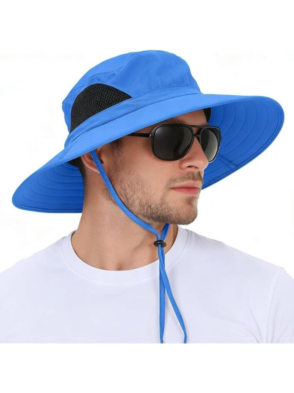 Unisex Blue 100% Polyester Wide Brim Mesh Vents With Chin Strap Fishing Sun Hat
